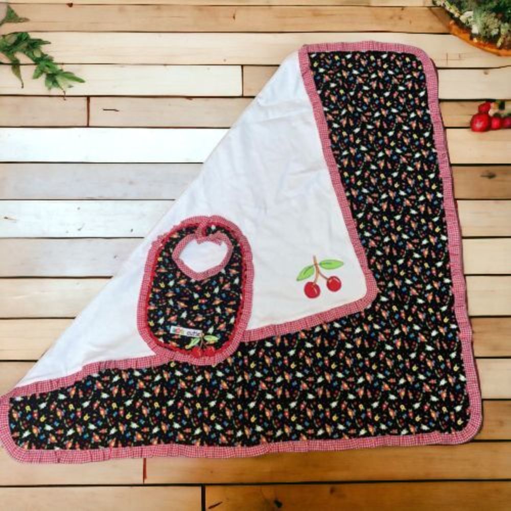 Vtg Mary Engelbreit Baby Cherry Floral Print Gingham Receiving Blanket & Bib Set
